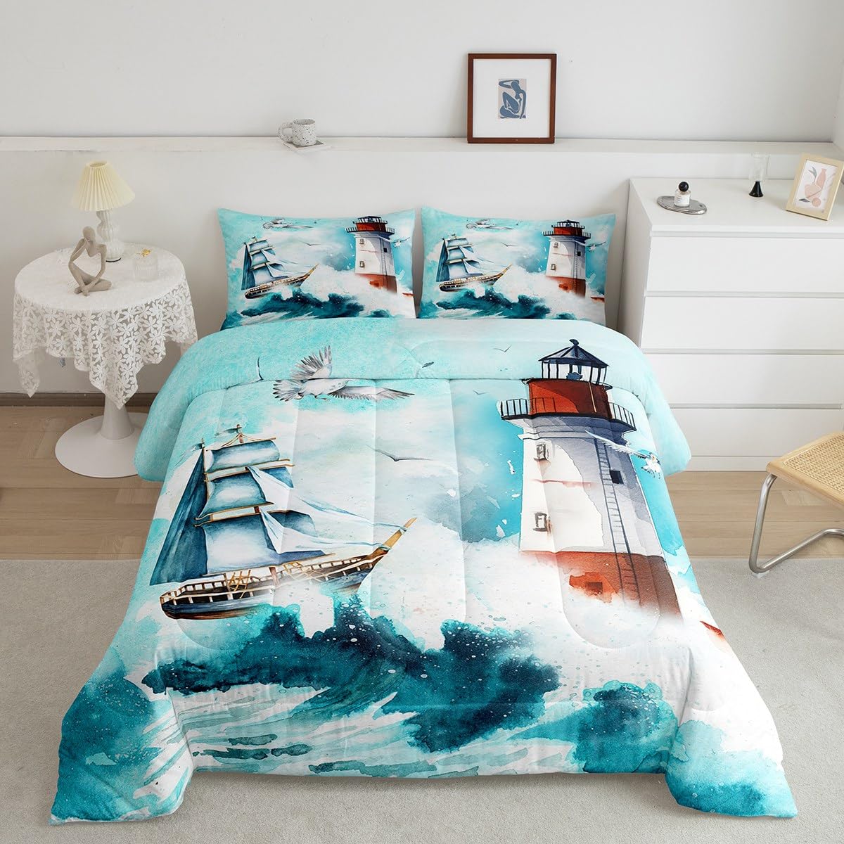 Nautical Comforter Set King Size Lighthouse Sailing Boat Bedding Set 3Pcs For Kids Teens Boys Girls Room Decor,Watercolor Waves