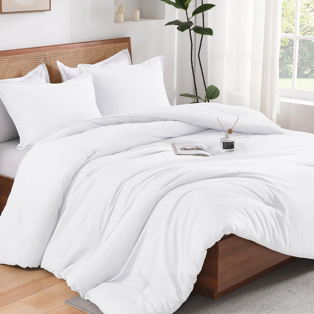 Andency White Full Size Comforter Set, 3 Pieces Boho Solid Reversible Bed Comforter Set, All Season Lightweight Soft Microfiber Bedding Comforter Set For Girls, Women, Adults