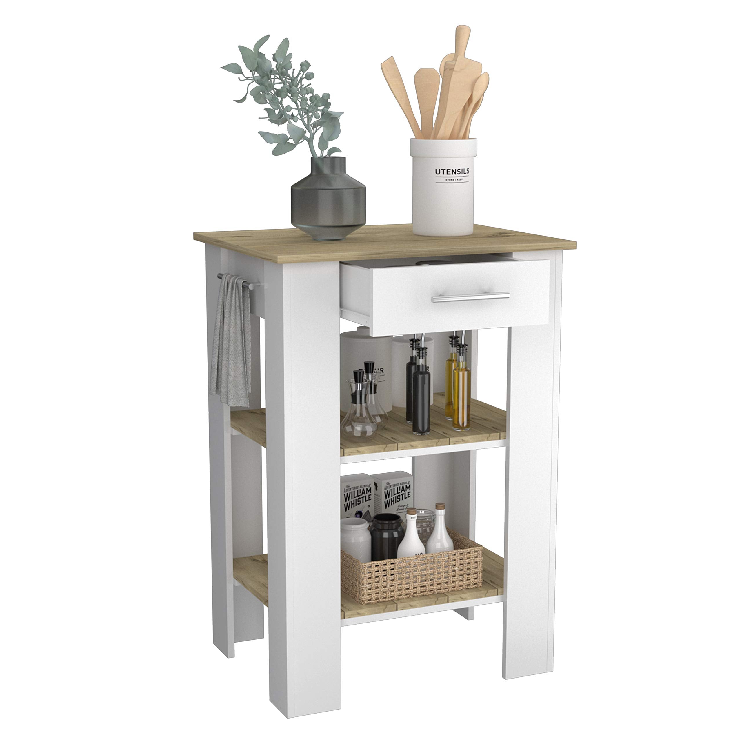 Delos 23 Kitchen Island with Drawer, Towel Rack, and 2 Open Shelves, White/Light Oak