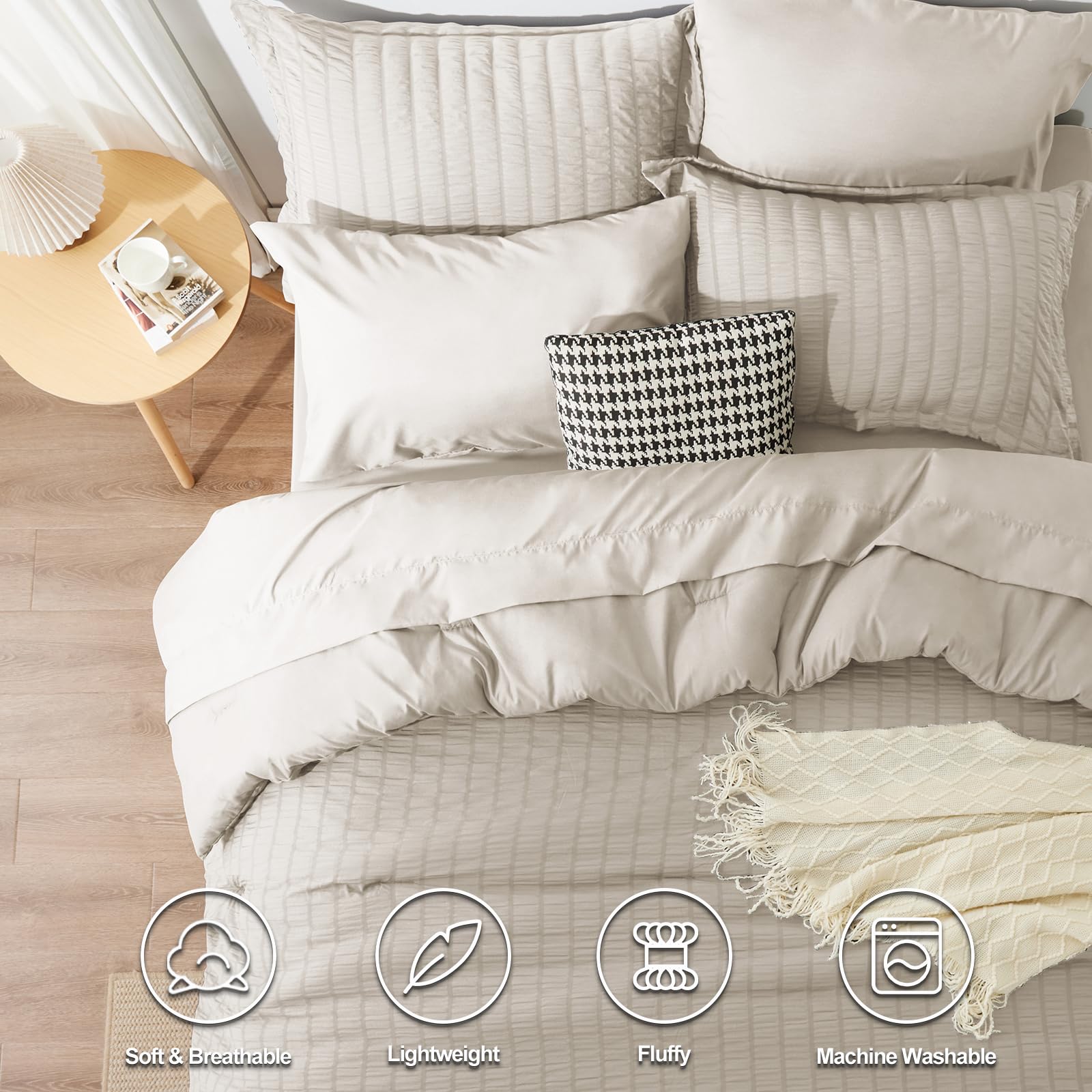 Cozylux King Seersucker Comforter Set With Sheets Beige Bed In A Bag 7-Pieces All Season Bedding Sets With Comforter, Pillow Sham, Flat Sheet, Fitted Sheet, Pillowcase