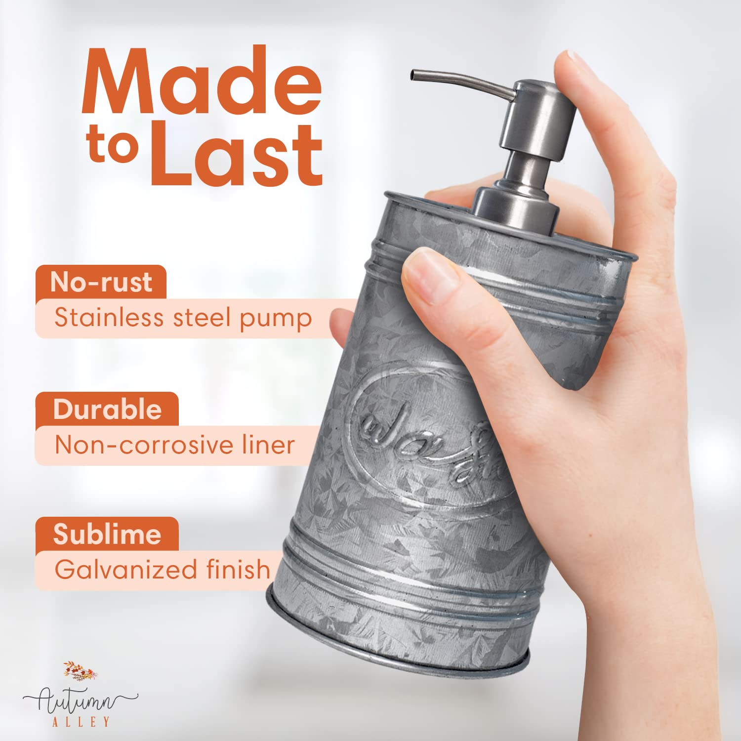 Autumn Alley Galvanized Farmhouse Soap Dispenser - 17.5 oz Rustic Bathroom Accessories with Stainless Steel Pump for Hand Wash & Lotion