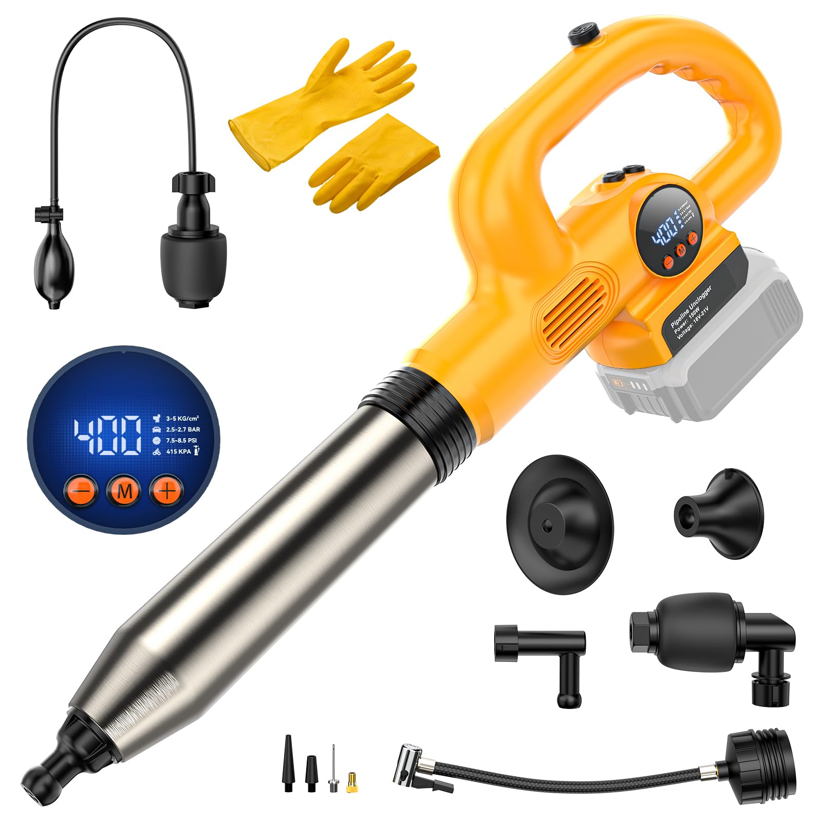 Ecarke 2-in-1 Electric Toilet Plunger & Inflator Compatible with DeWalt 20V Battery-LCD Digitally Adjusted & 5 Heads,High Pressu