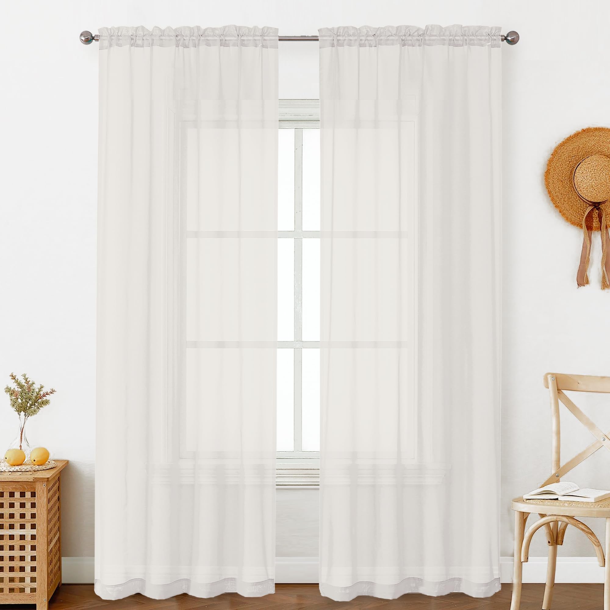 Ovzme Ivory Sheer Curtains 90 Inches Long 2 Panels - Soft Light Filtering Window Sheer Panels For Living Room/Bedroom, Top Dual