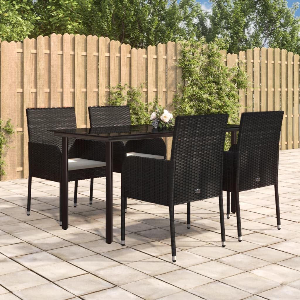 vidaXL Modern 5 Piece Patio Dining Set - Black Poly Rattan with Cream White Cushions, Weather-Resistant, Tempered Glass Tabletop, Modular Design, Comfortably Padded'.