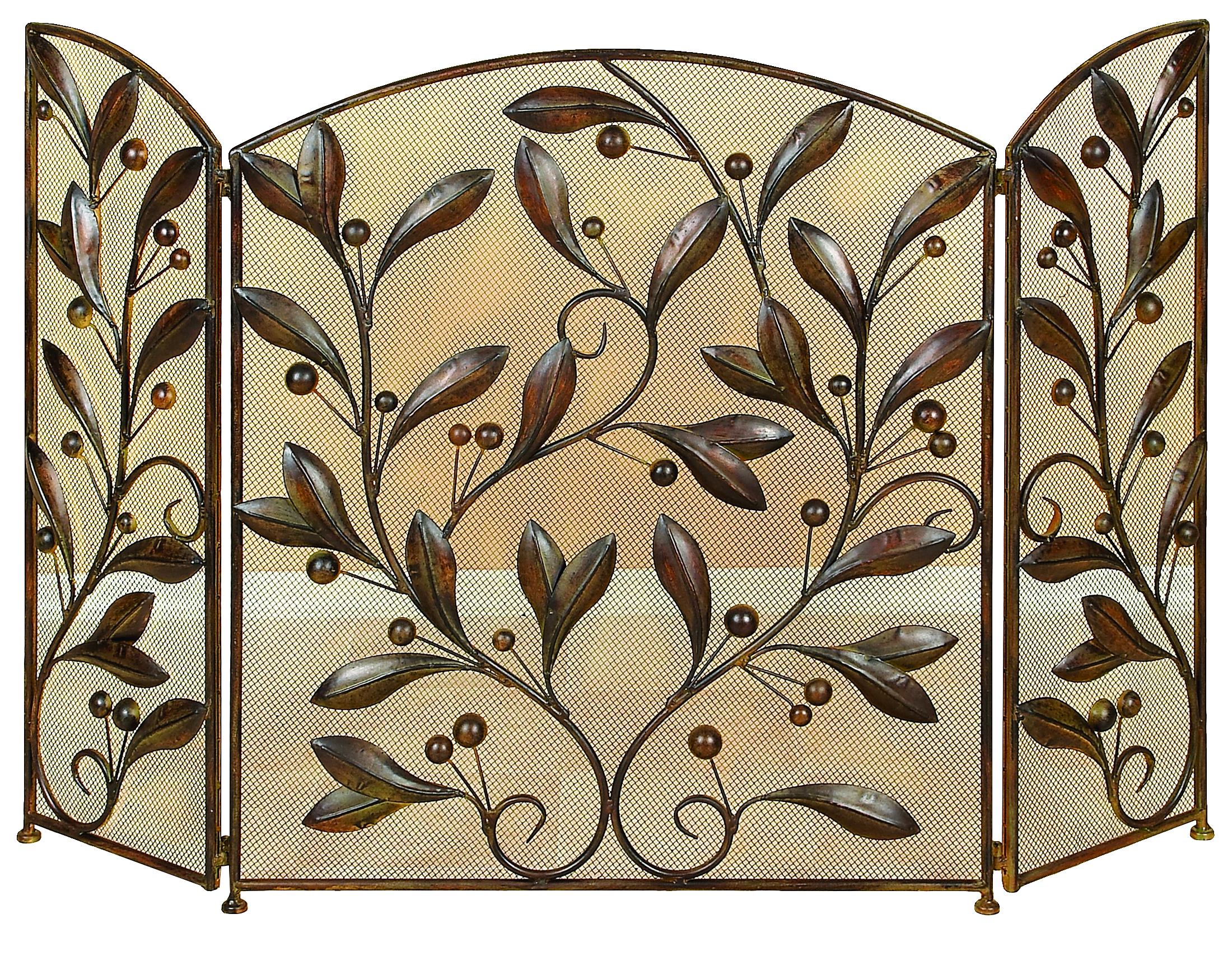 Mesh Design 3 Panel Metal Fire Screen with Leaf Motif, Bronze