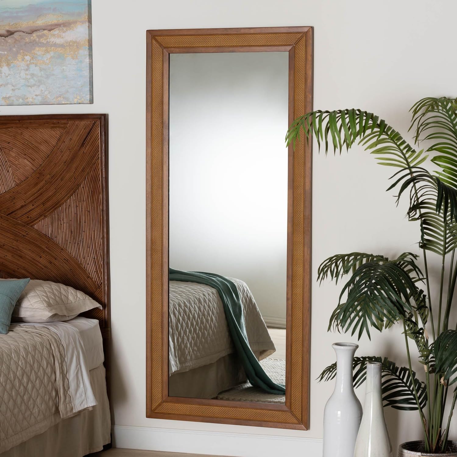 Baxton Studio Rowanne Mid-Century Modern Walnut Brown Rubberwood And Rattan Frame Wall Mirror