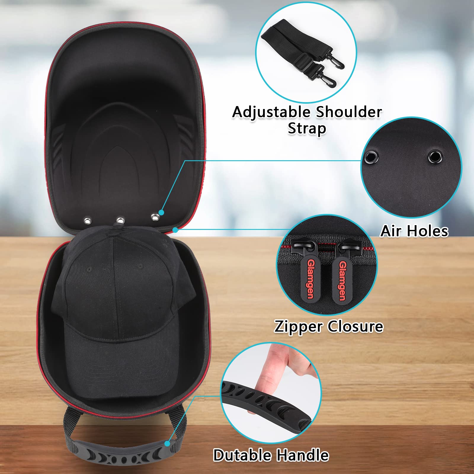 Glamgen Hard Hat Case For Baseball Caps,Hat Carrier Travel Case With One Black Baseball Cap And Adjustable Shoulder Strap,Hat Or