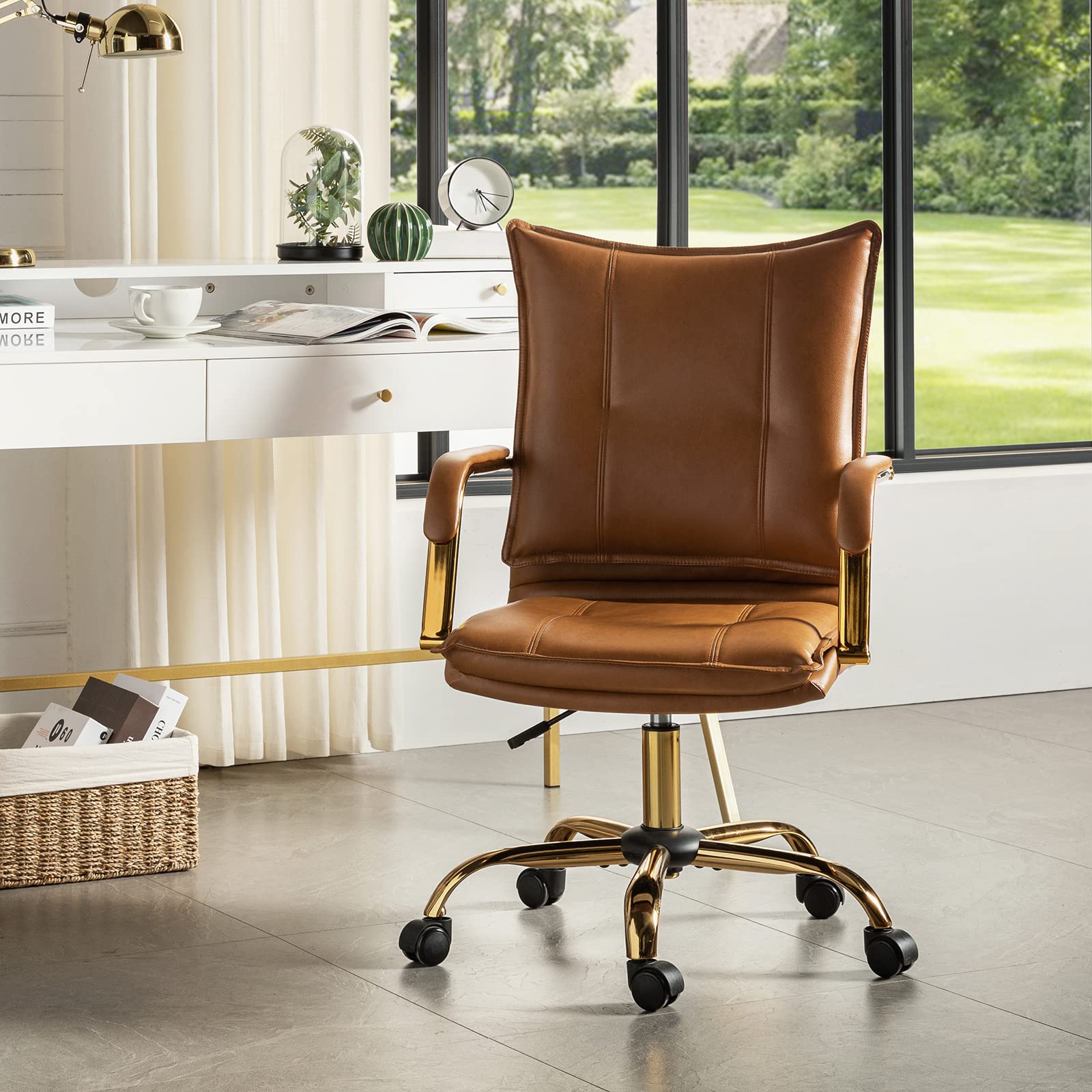 Hulala Home Faux Leather Home Office Desk Chair, Adjustable Swivel Computer Chair With Golden Legs And Arms, Comfy Upholstered Task Chair,Camel