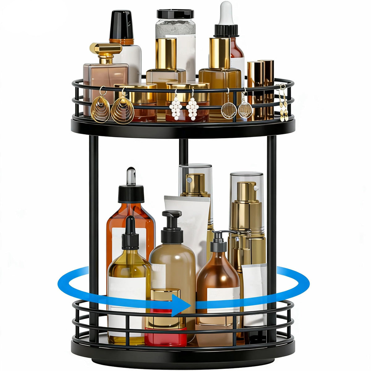 2Tier Rotating Bathroom Countertop Organizer, Wooden Makeup Vanity Storage, Multifunctional Lazy Susan Turntable for Skincare, 