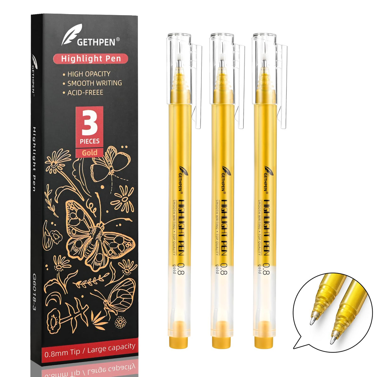 Gold Pens, 3Pack,0.8Mm Extra Fine Point, Gold Gel Pens For Artists, Gold Gel Pen, Gold Ink Pen, Gold Pens For Black Paper, Gold