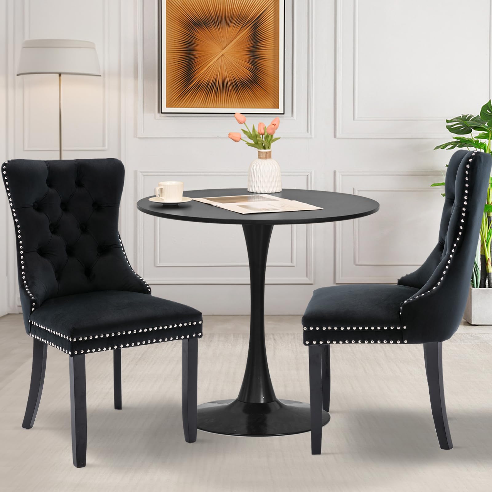 SoarTalent 3-Pieces 31.5 Round Dining Table Set for 2, Black Dining Table & Velvet Upholstered Dining Chairs Set of 2 for Kitche