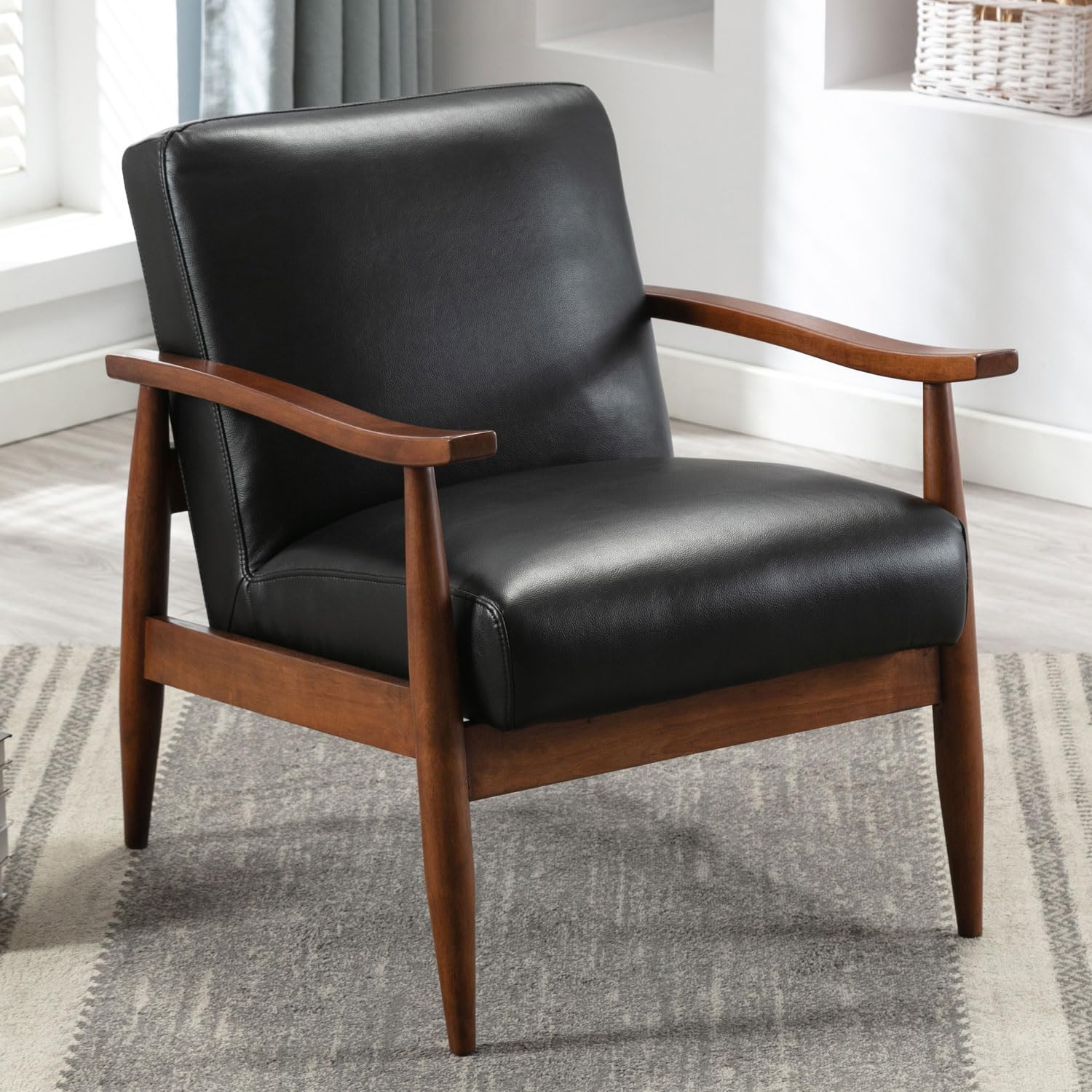 Comfort Pointe Austin Black Faux Leather Chestnut Wooden Base Accent Chair