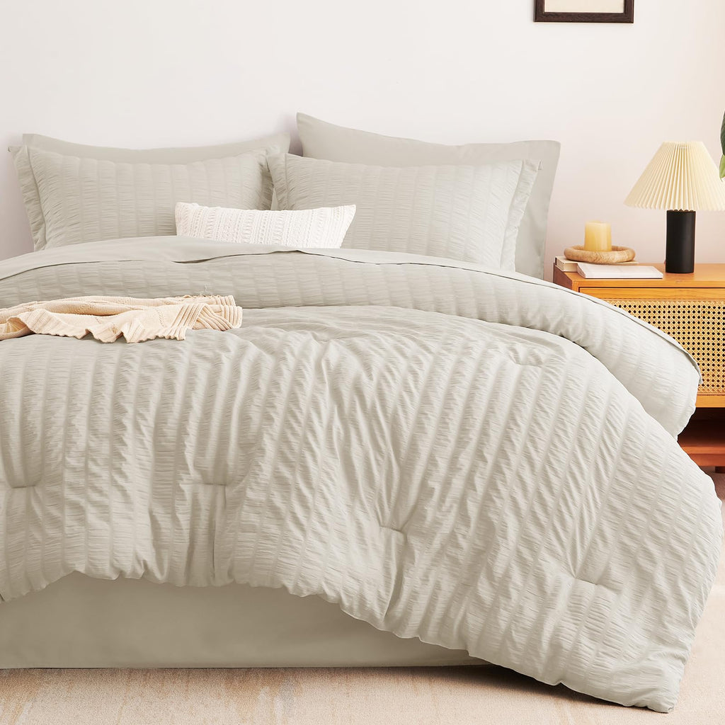 Cozylux Queen Seersucker Comforter Set With Sheets Oatmeal Bed In A Bag 7-Pieces All Season Bedding Sets With Comforter, Pillow Sham, Flat Sheet, Fitted Sheet, Pillowcase