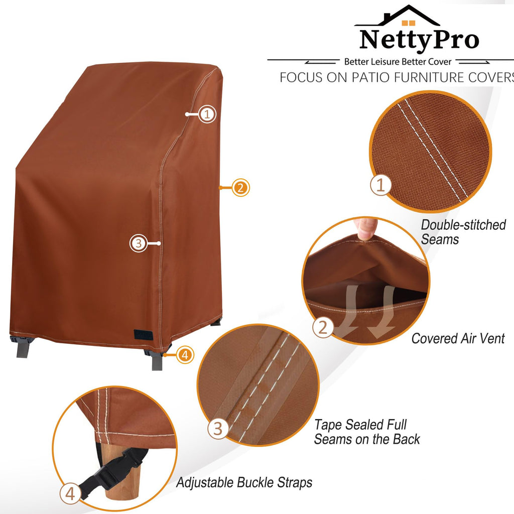 Nettypro Stackable Chair Covers 2 Pack Waterproof Outdoor Stack Chairs Cover Patio Furniture Stacking Chair Covers, Fits For 4-6 Stackable Dining High Back Chairs, 28 W X 35 D X 45 H Inch, Brown