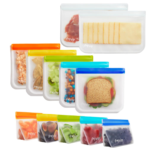 (re) zip Back to School 12-Piece Reusable Bag Kit | 5 Sandwich, 5 Snack, 2 Half Gallon Bags | BPA-Free Lunchtime Meal Prep Essen