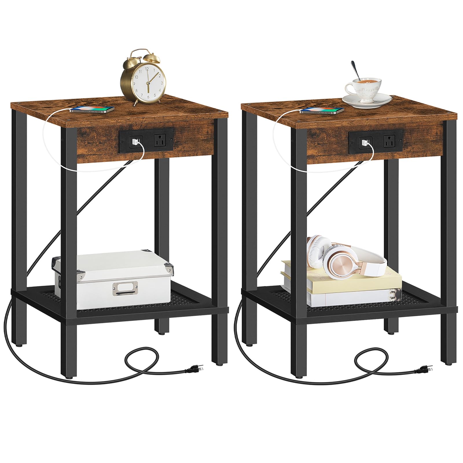 HOOBRO Side Table with Charging Station, Set of 2 End Tables with USB Ports and Outlet, Nightstand with 2-Tier Storage Shelf, fo