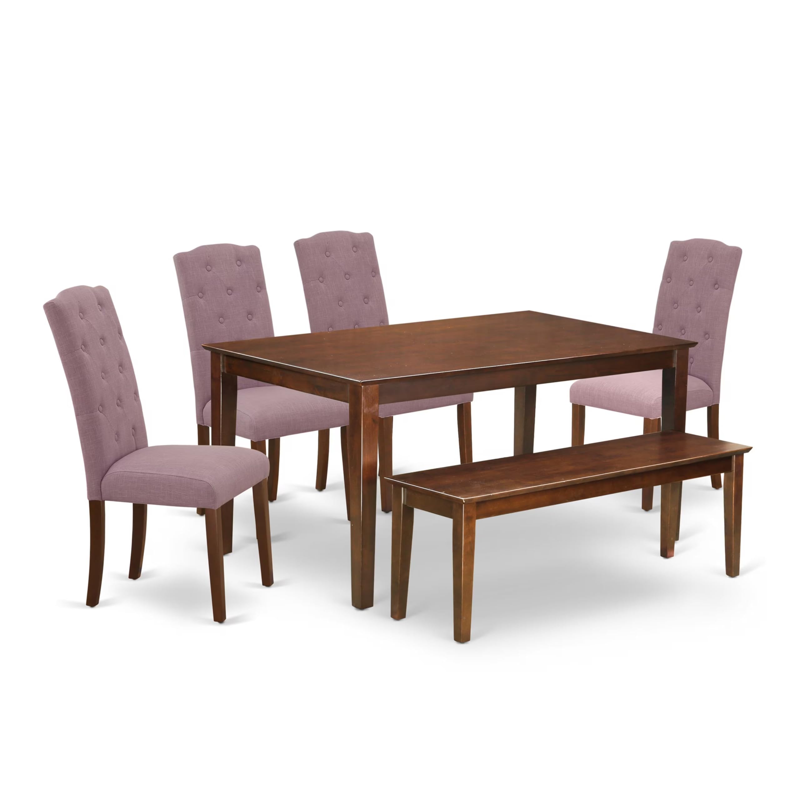 East West Furniture Cace6-Mah-10 6 Piece Dining Room Table Set Contains A Rectangle Kitchen Table And 4 Dahlia Linen Fabric Parson Chairs With A Bench, 36X60 Inch, Mahogany