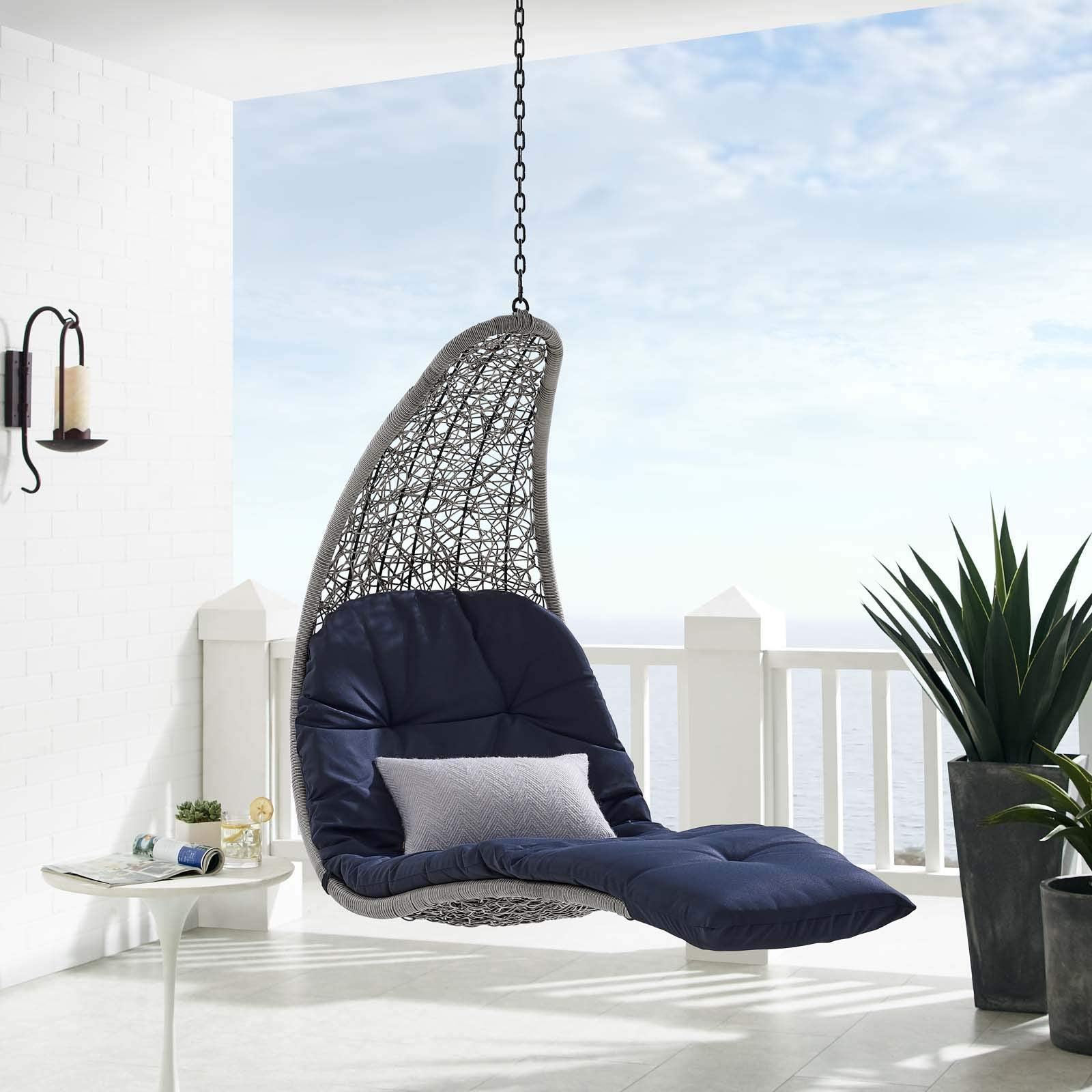 Modway EEI-4589-LGR-NAV Landscape Wicker Rattan Outdoor Patio Porch Chaise Lounge Hanging Swing Chair, Light Gray Navy