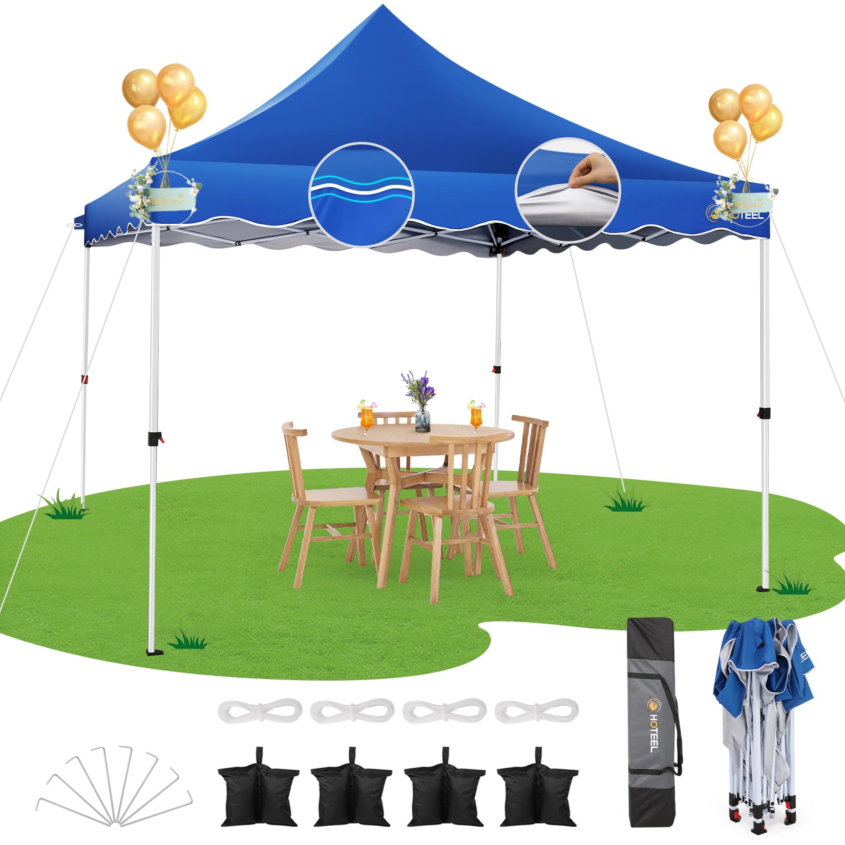 Hoteel 10x10 Pop Up Canopy Tent for Parties with 4 Sandbags, 4 Ropes, 4 Stakes & Wavy Edge, One Person EZ Setup, 20% Thicker Cro