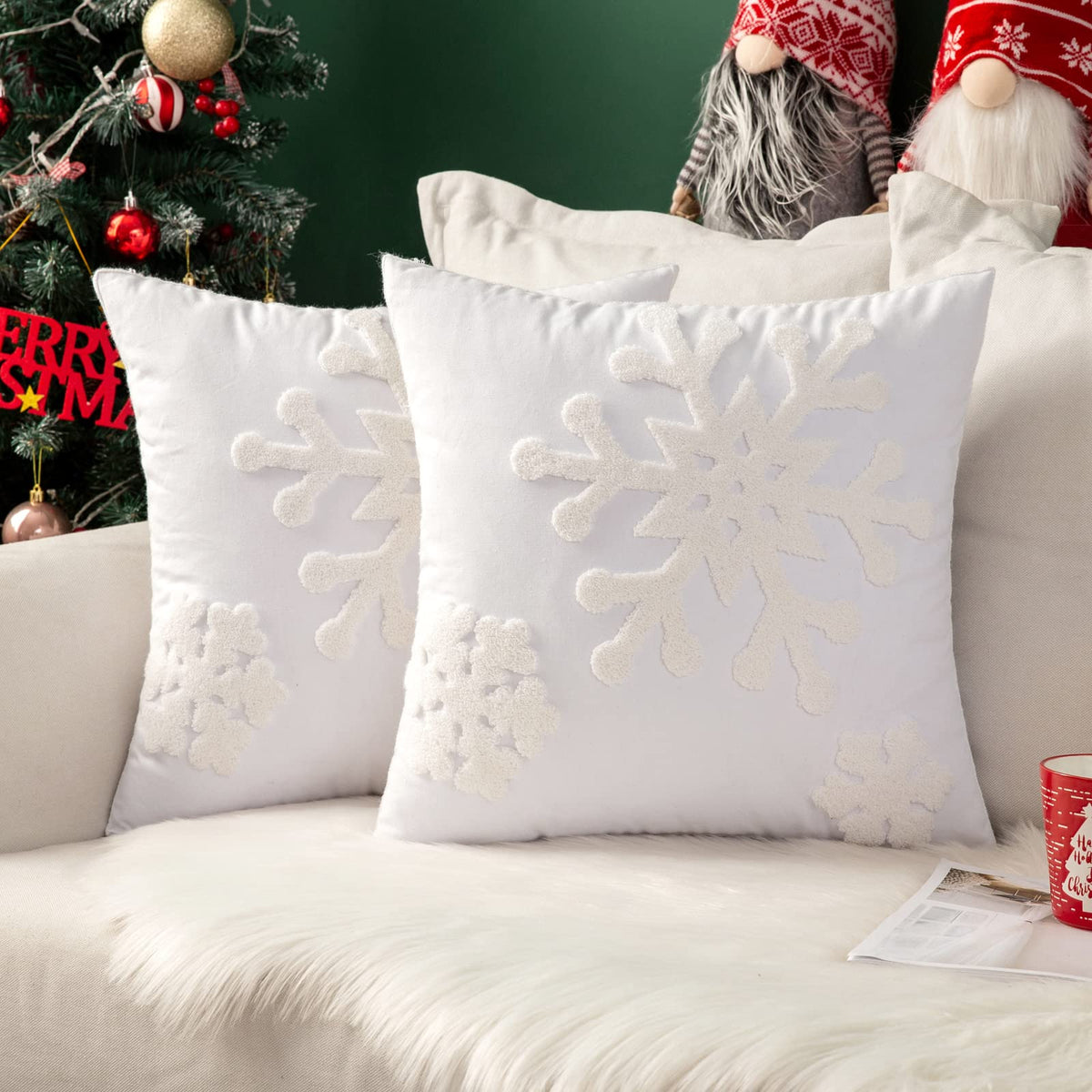 Miulee Pack Of 2 Christmas Decorative Snowflake Throw Pillow Covers Canvas Embroidery Cushion Cases Holiday Decor Soft Pillowcas