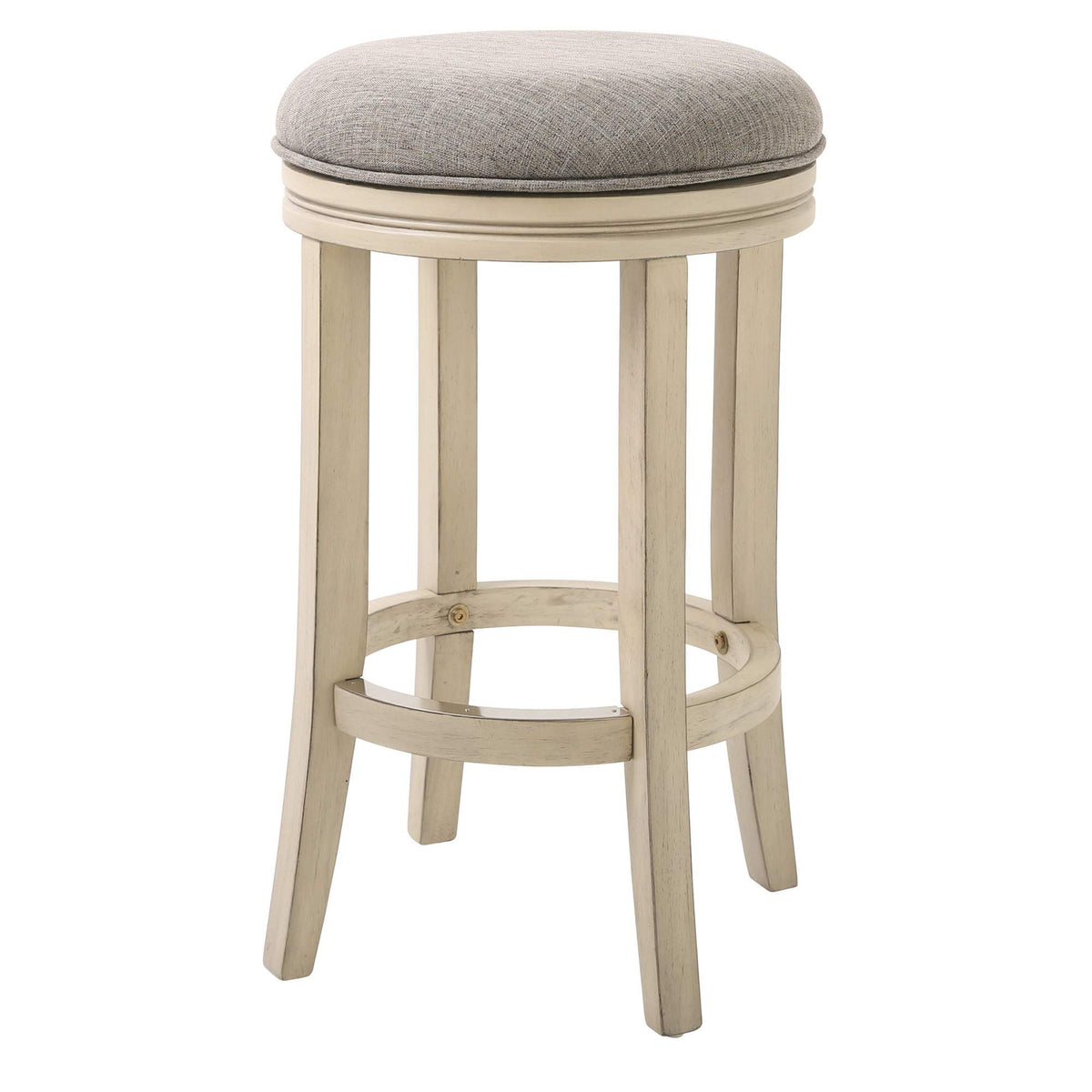 HomeRoots Hardwood, Linen Upholstery, Foam, Batting Bar Height Round Swivel Solid Wood Stool in Distressed Ivory Finished with Quartz Fabric