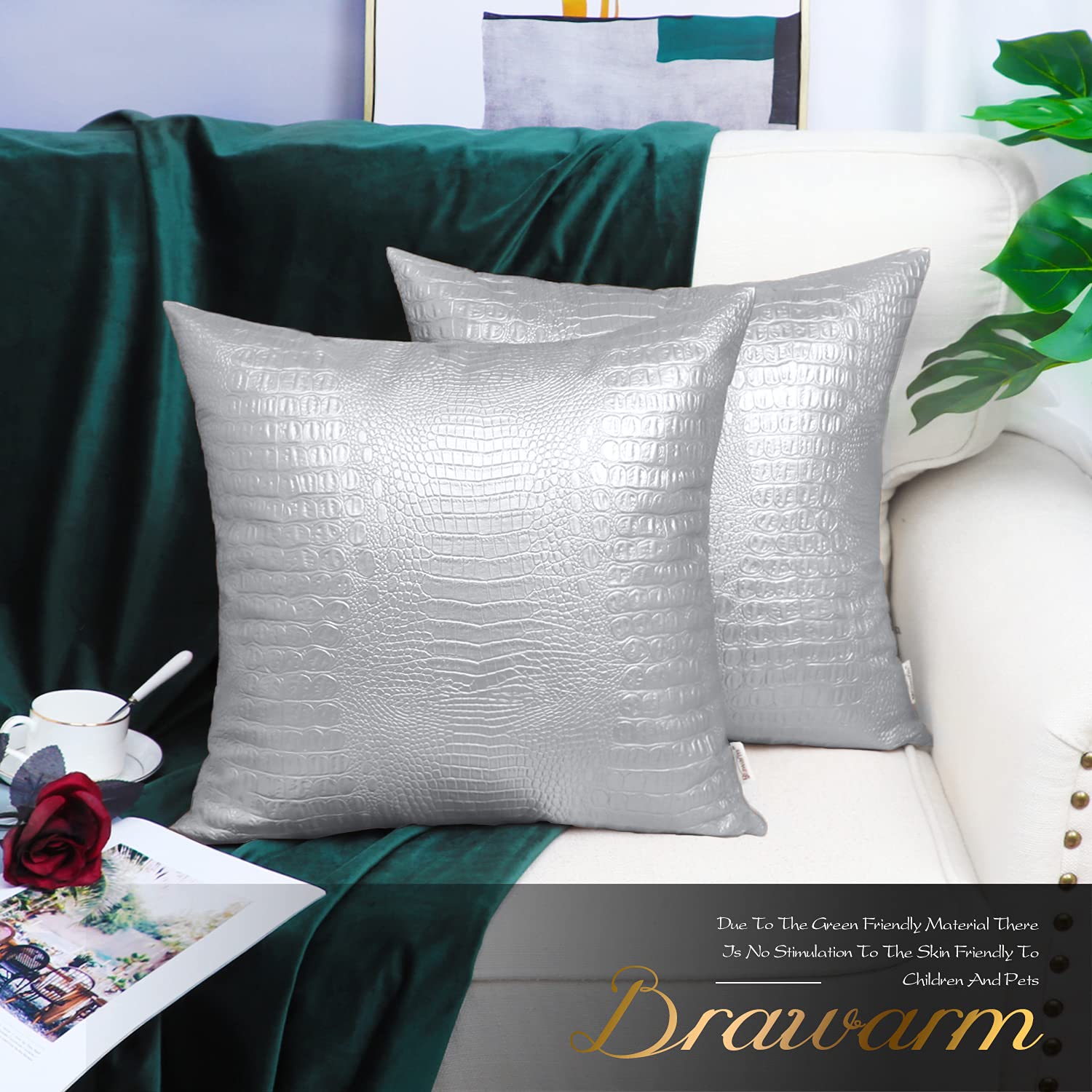 Brawarm Faux Leather Pillow Covers 22 X 22 Inches, Silver Leather Pillow Covers Pack Of 2, Crocodile Leather Decorative Throw Pi