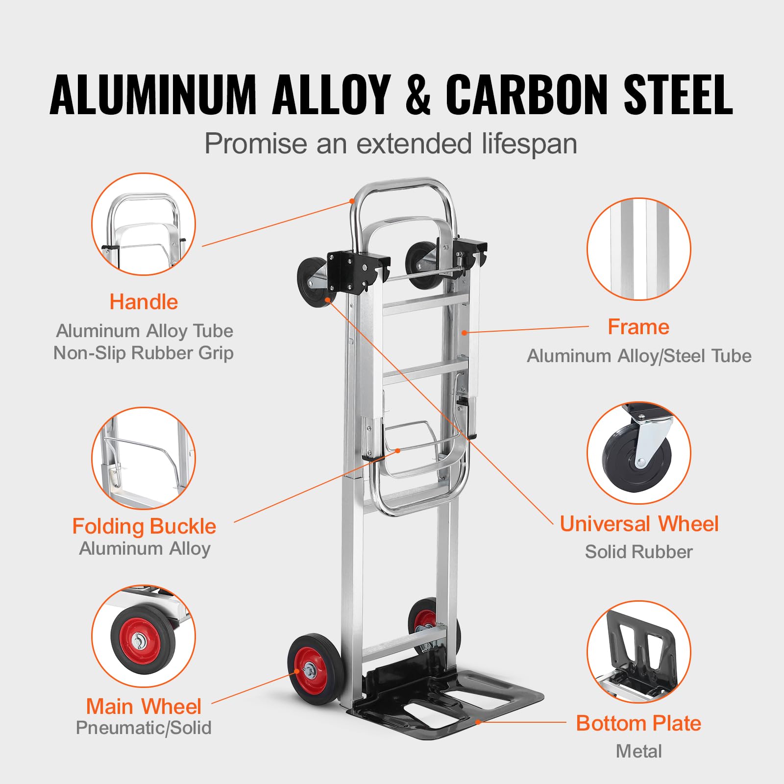 Vevor Aluminum Folding Hand Truck, 2 In 1 Design 400 Lbs Capacity, Heavy Duty Industrial Collapsible Cart, Dolly Cart With Rubbe