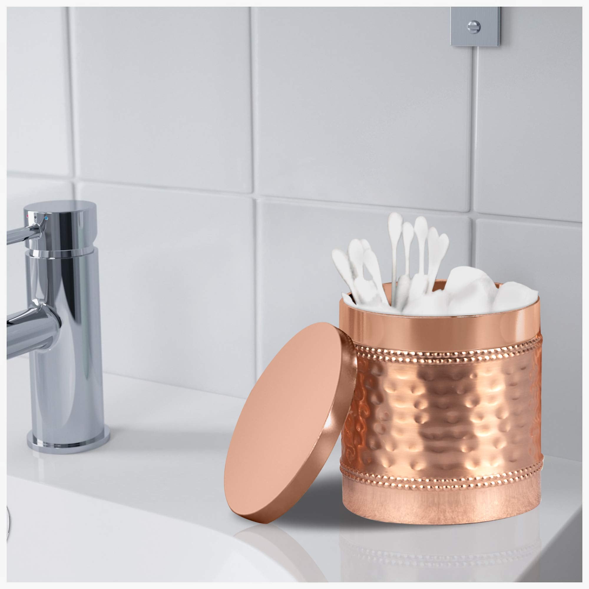 Nu Steel Copper Hudson Bathroom Q-Tip Holder & Jar In Premium Copper Plated Stainless Steel For Bathrooms & Vanity Spaces