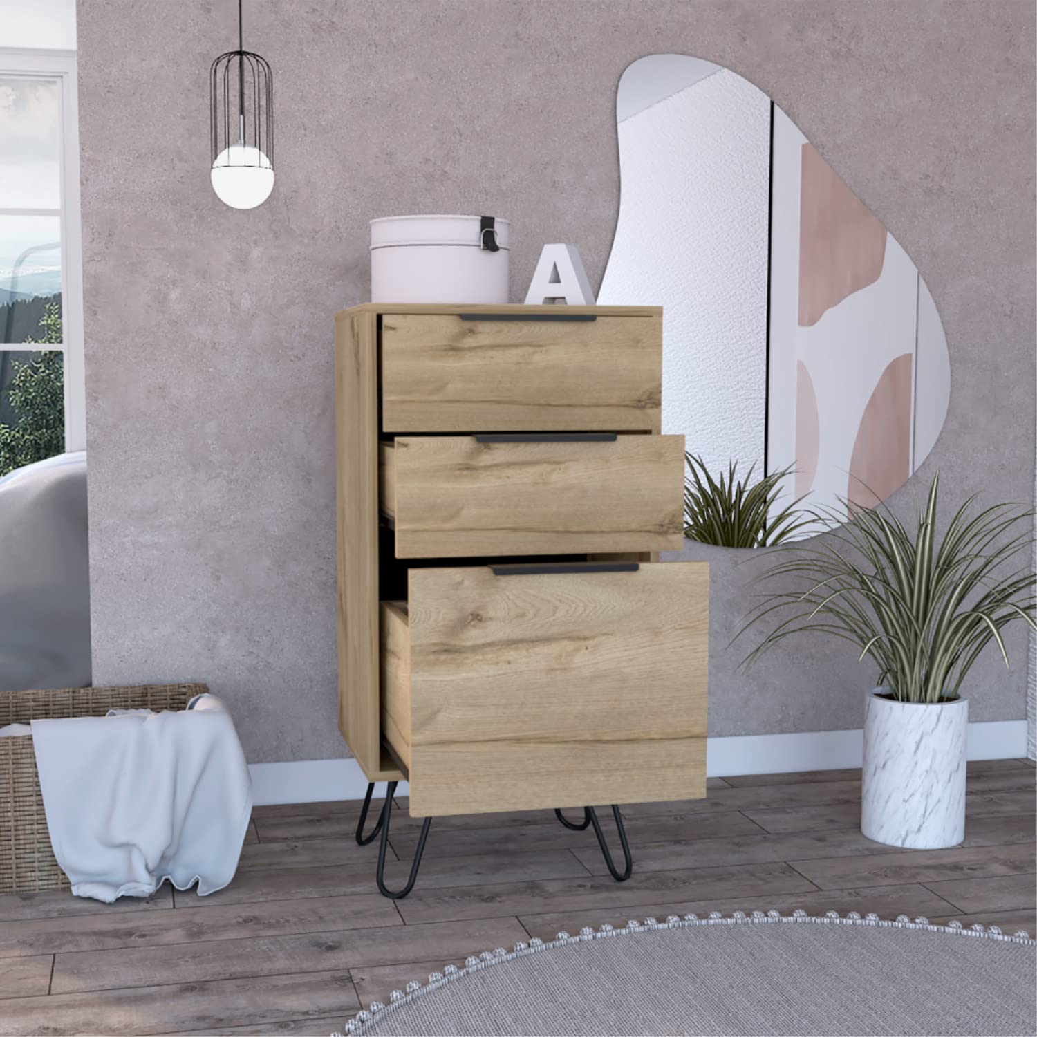 Light Dresser 35&Quot; H, 17&Quot; W, Superior Top,3 Drawers, Hairpin Legs, Light Oak