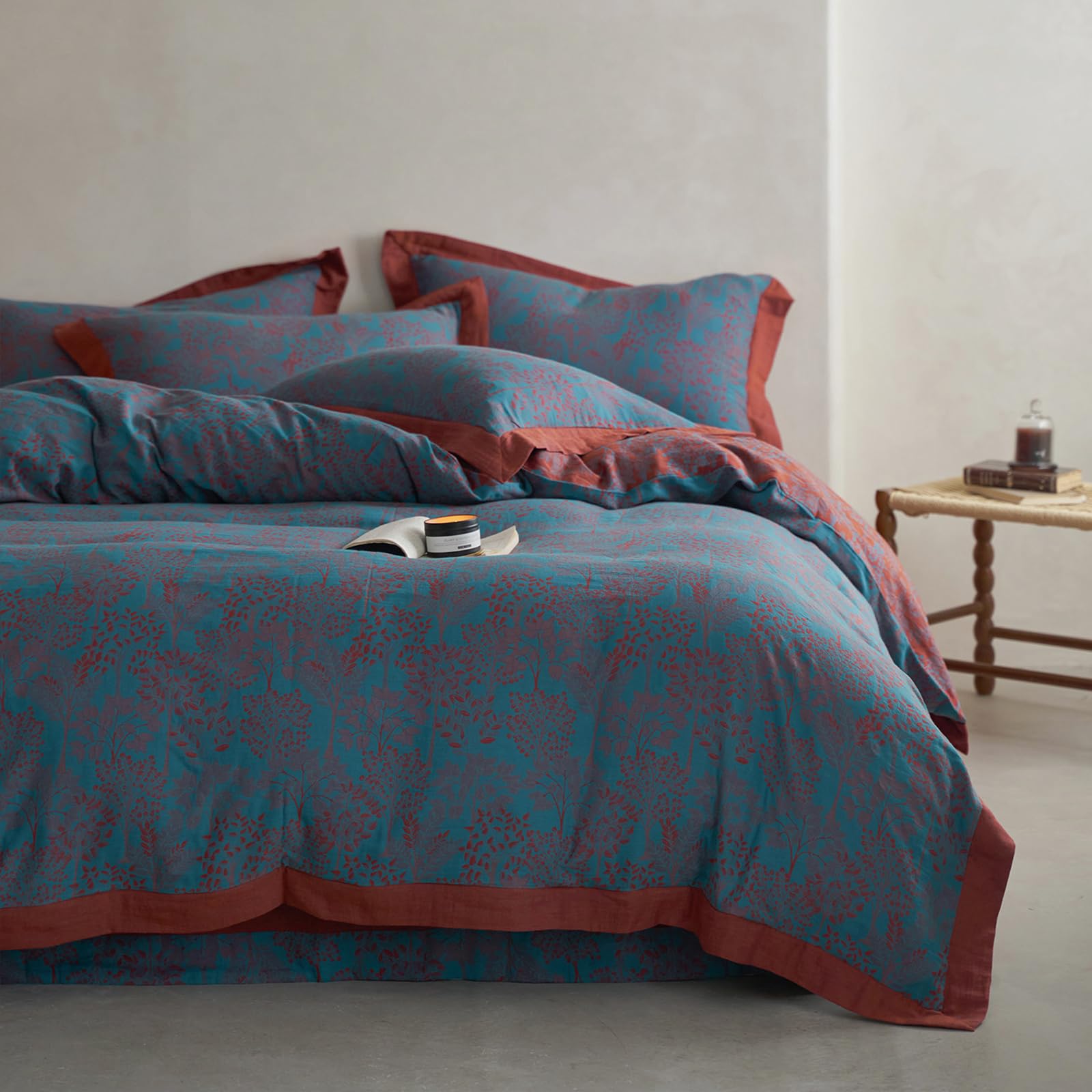 Vm Vougemarket Blue Red Duvet Cover Queen,3 Pieces Retro Jacquard Forest Theme Tree Leaves Bedding Set,Linen Cotton Yarn-Dyed Te