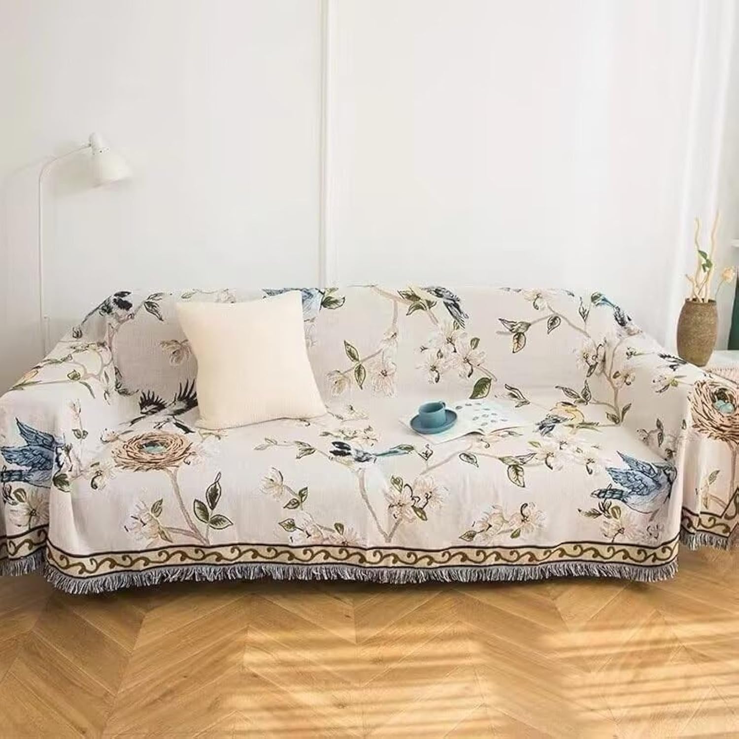 Vclife Boho Couch Cover Cotton Linen Beige Sofa Cover Vintage Floral Birds Couch Cover For 2 Cushion Couch Sofa Dog Pet Friendly