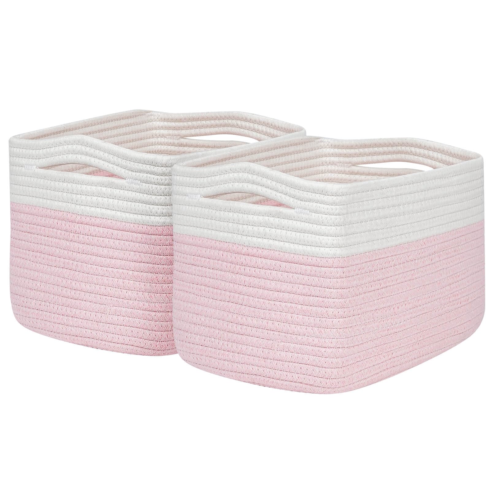 Kriitools Pink Girls Baby Nursery Rope Toys Baskets , Decorative Woven Storage Baskets for Gift, Cubes Storage Organizer Baskets