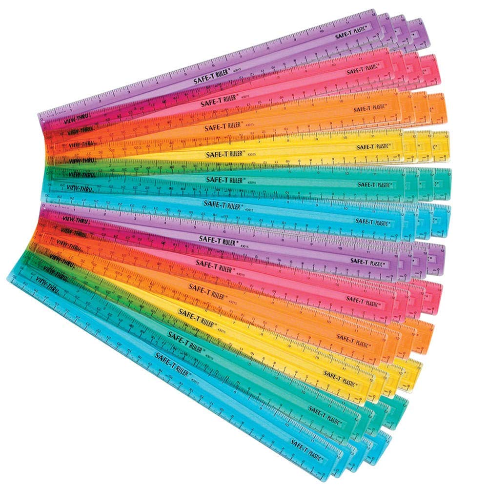 Hand2Mind 12 Inch Multicolored, Transparent, Semiflexible Safe-T Plastic Rulers, Rainbow Clear Rulers For Kids, Flexible Ruler,