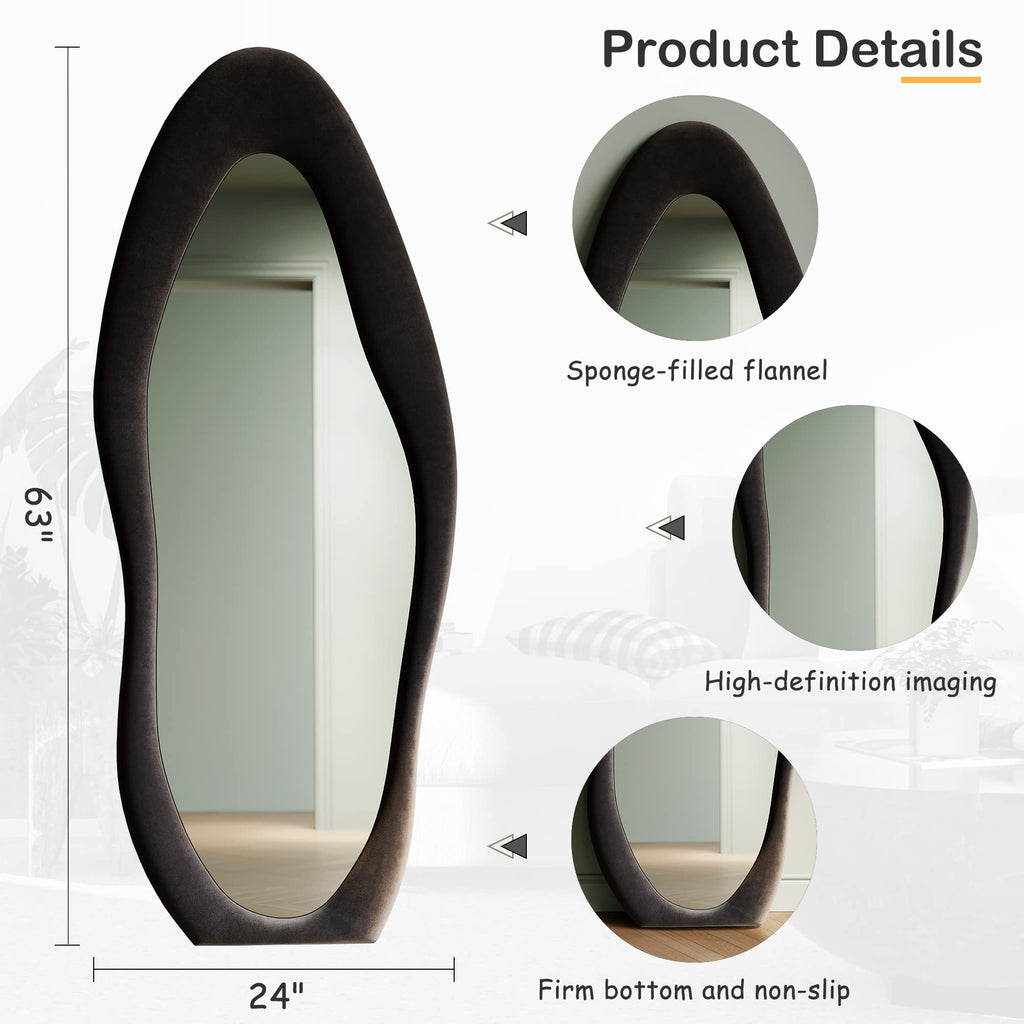 Honyee Full Length Mirror, 63'' X 24'' Wall Mirror, Flannel Wrapped Wooden Frame Floor Mirror, Irregular Wavy Mirror Hanging Or
