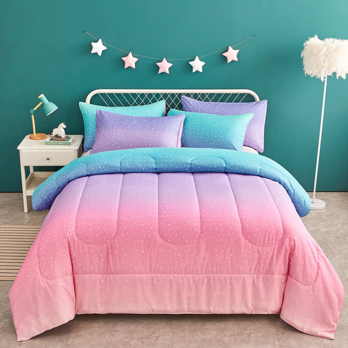 Yogeneg Rainbow Comforter Set Full/Queen Size For Teen Girls&Boys Women,Metallic Star Moon Printed Mermaid Comforter With 2 Pill
