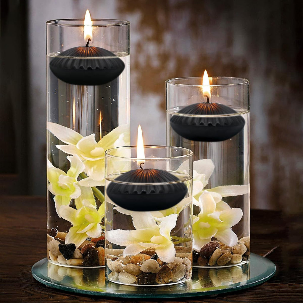 12 Pack 3 Inch Black Floating Candles, 10 Hour Unscented Dripless Tealight Candles For Cylinder Vases, Centerpieces At Wedding P