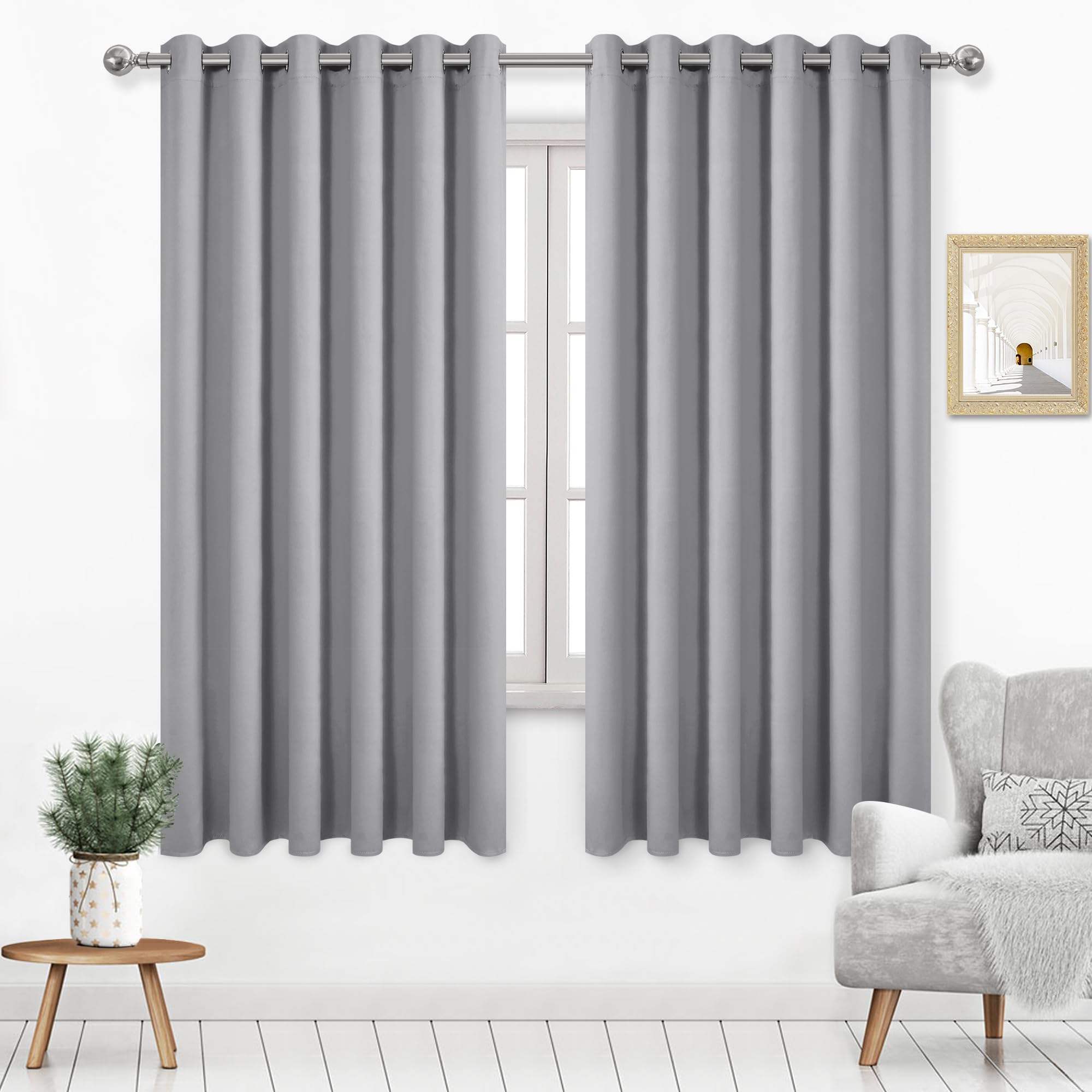Dwcn Silver Grey Blackout Curtains 63 Inch Length, 70 Wide Curtains For Living Room, Solid Grommet Bedroom Curtains, Silver Grey