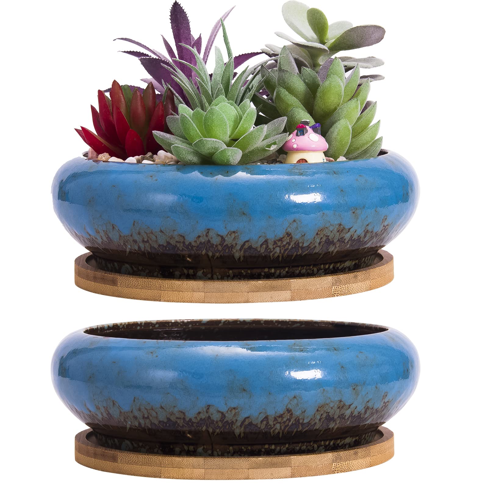 Artketty Succulent Pots - 7.3 Inch Large Succulent Planters Pots With Drainage Pack Of 2, Ceramic Bonsai Pots With Trays Shallow