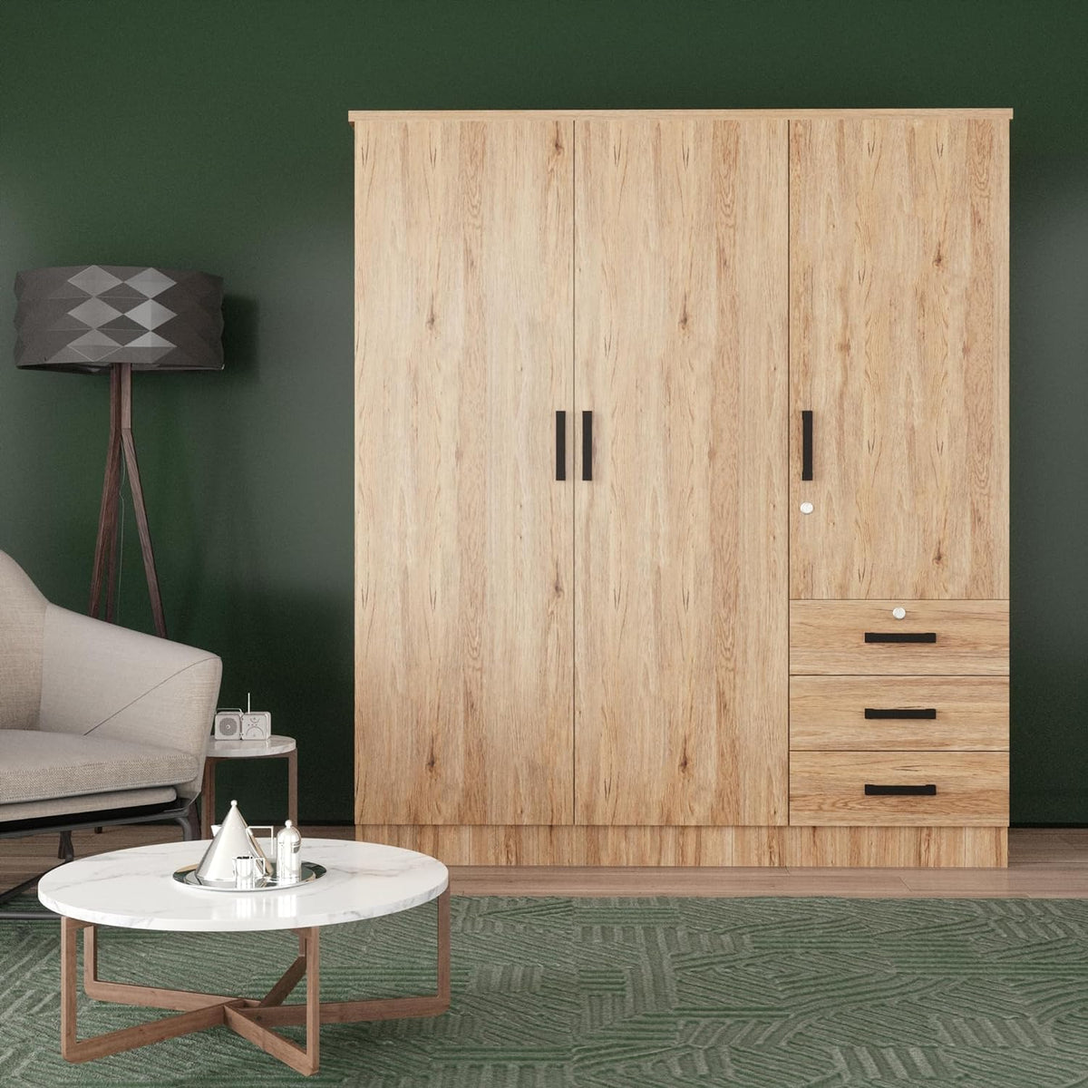 Violet Wardrobe Closet 3 Doors and 3 Drawers (Natural Oak)