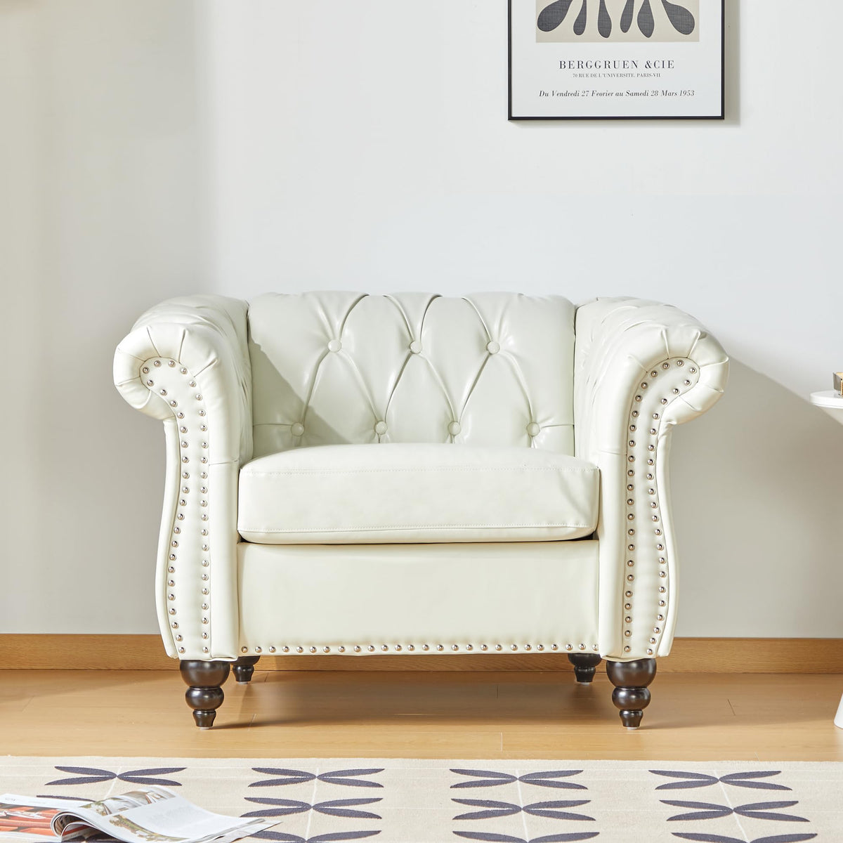 Chesterfield Chair, Modern Faux Leather Tufted Accent Sofa Couch Chair With Rolled Arms And Nailhead For Living Room, Bedroom, O