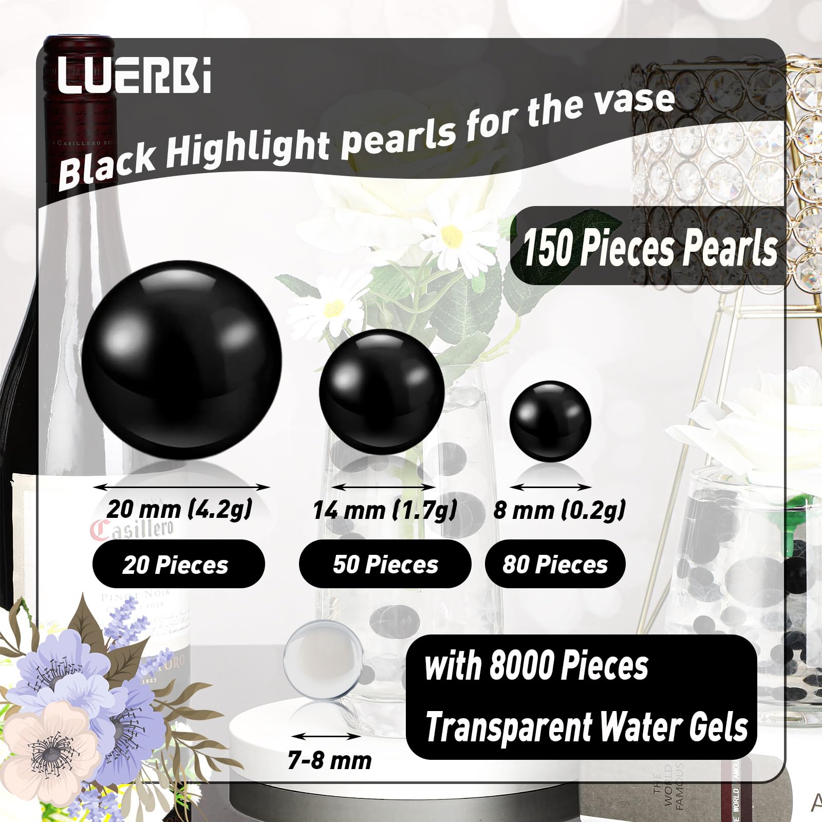 Black Floating Pearls | 150 Pcs Black Pearls Bead For Centerpieces Vases, No Hole Beads | 8/14/20 Mm Black Floating Beads | Blac