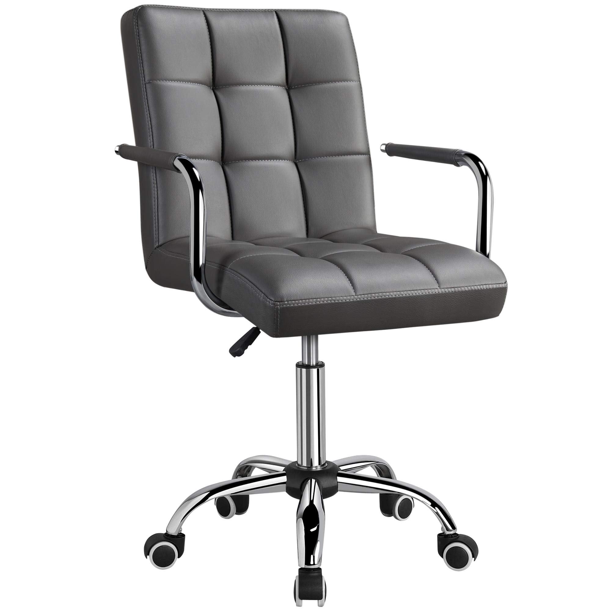 Yaheetech Mid Back Desk Chair, Pu Leather Office Task Chair With Armrests/Large Seat, Adjustable Chair With Wheels, Grey