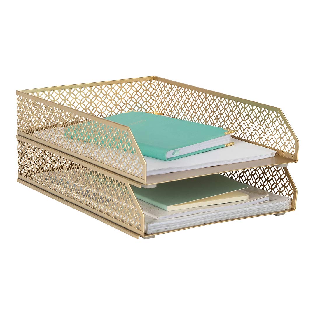 Gold File Organizer Office Inbox Gold Paper Tray Organizer For Desk - Gold Desk Tray - Gold Letter Tray Set Of 2 Stackable Lette