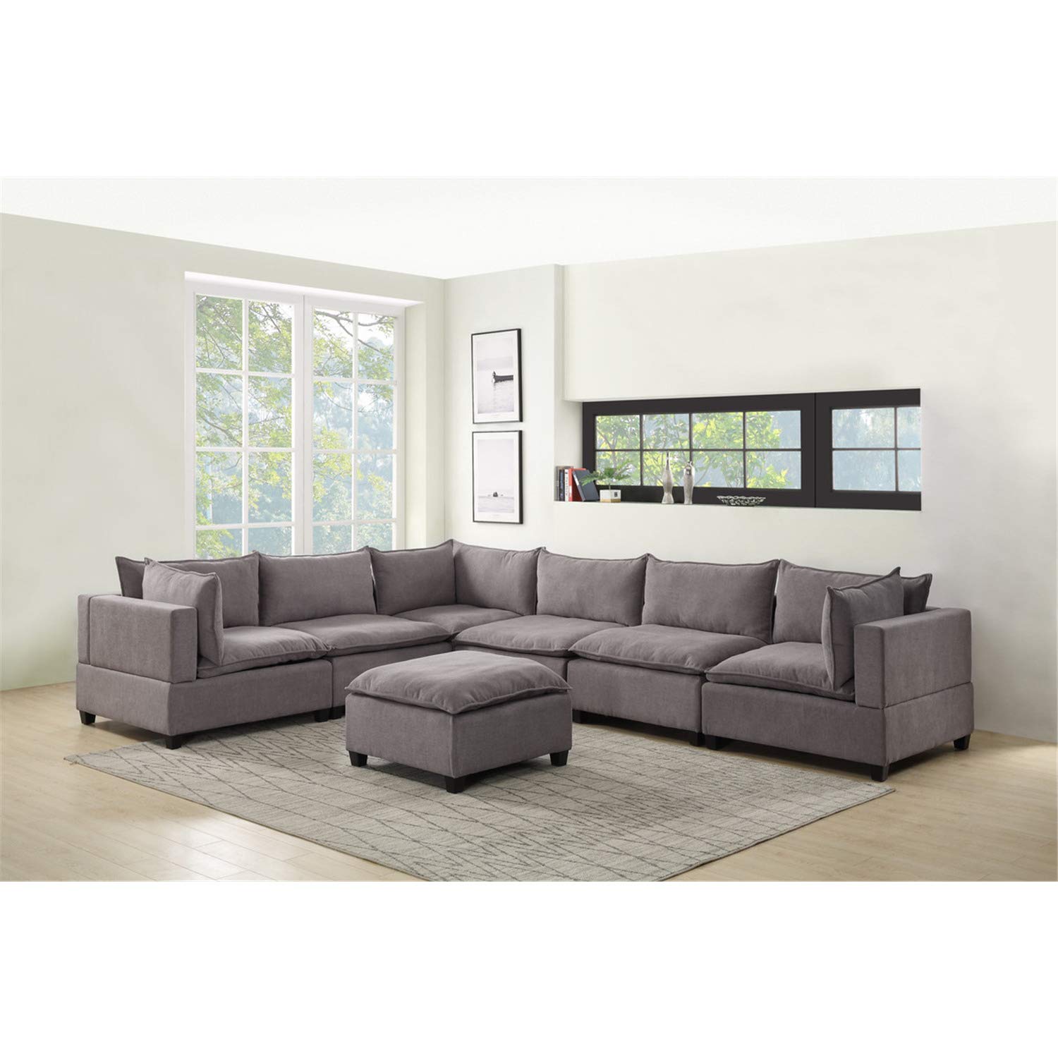 Lilola Home Madison Light Gray Fabric 7 Piece Modular Sectional Sofa with Ottoman