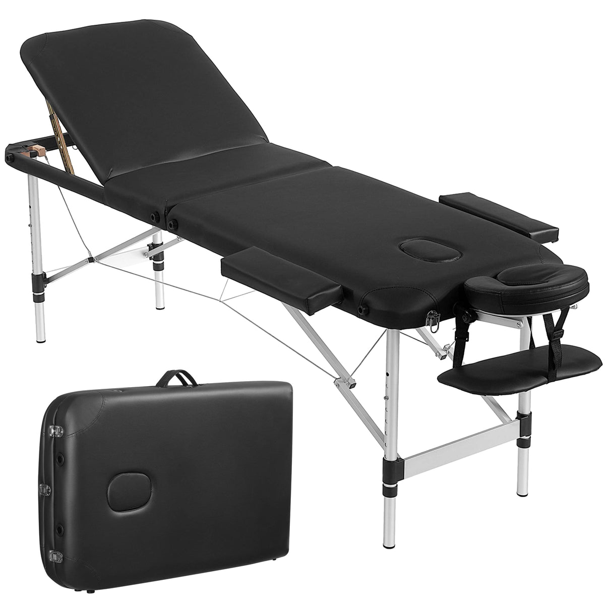PrimeZone Black Massage Table Portable - 3 Folding Aluminum Lash Bed with Carrying Case & Face Cradle for Eyelash Extensions, Sp