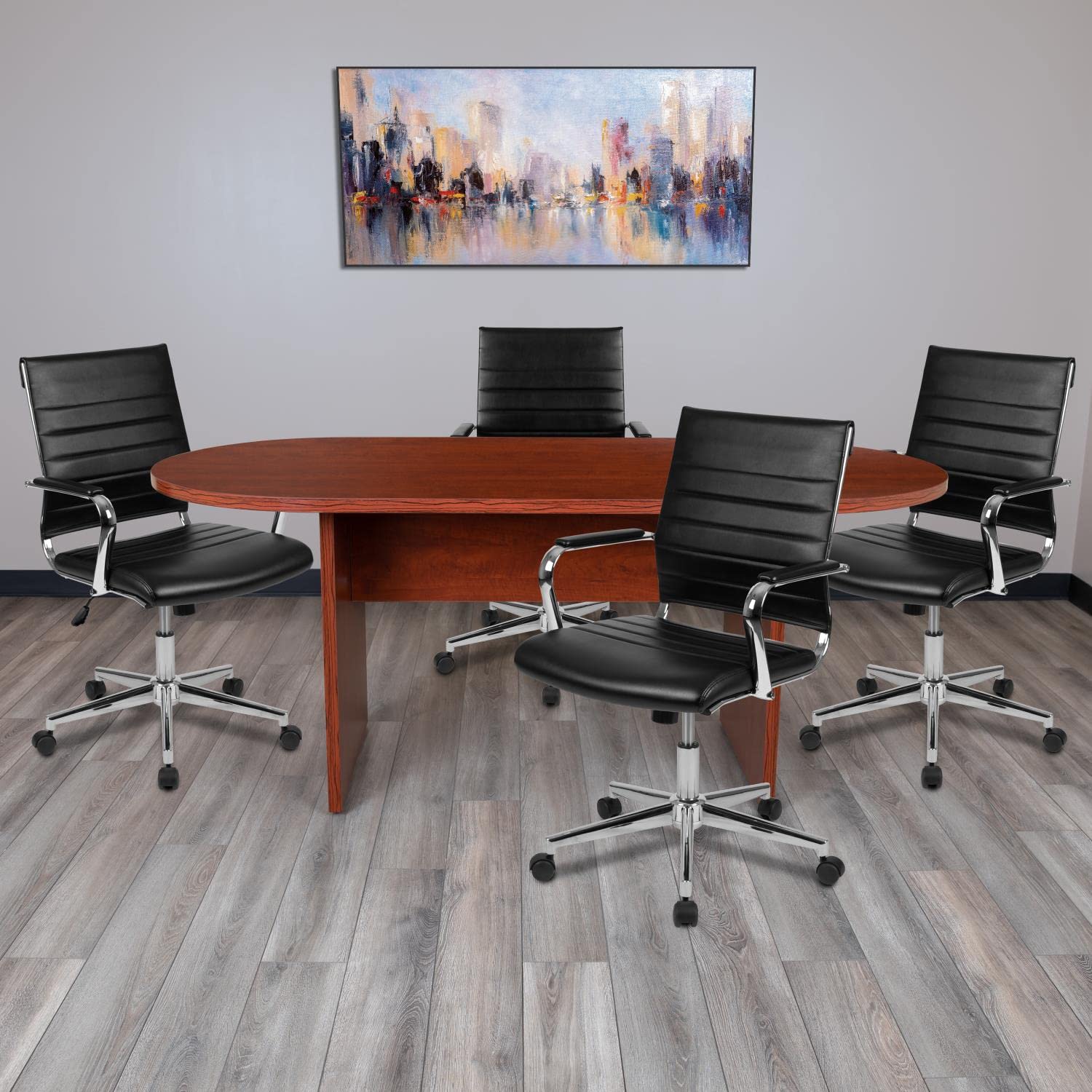 Flash Furniture Lake 5 Piece Cherry Oval Conference Table Set With 4 Black Leathersoft Ribbed Executive Chairs