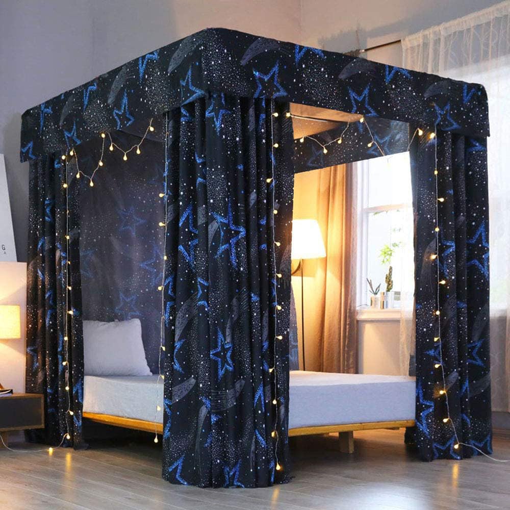Mengersi Galaxy Four Corner Post Canopy Bed Curtains For Girls Adults,Cute Princess Bedroom Decoration Accessories(Queen, Star)