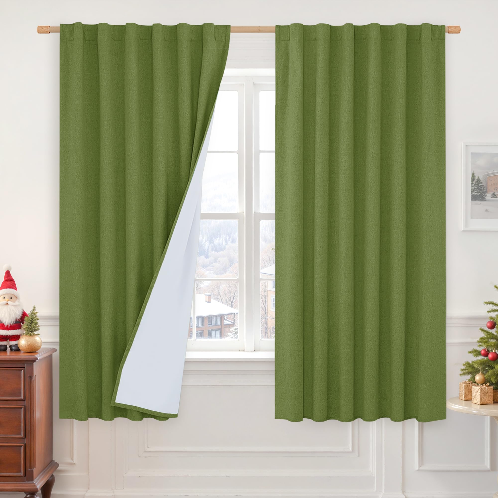 LAMIT 100% Blackout Olive Green Linen Curtains, 63 Inches Linen Textured Thermal Bedroom Drapes Back Tab and Rod Pocket Christma