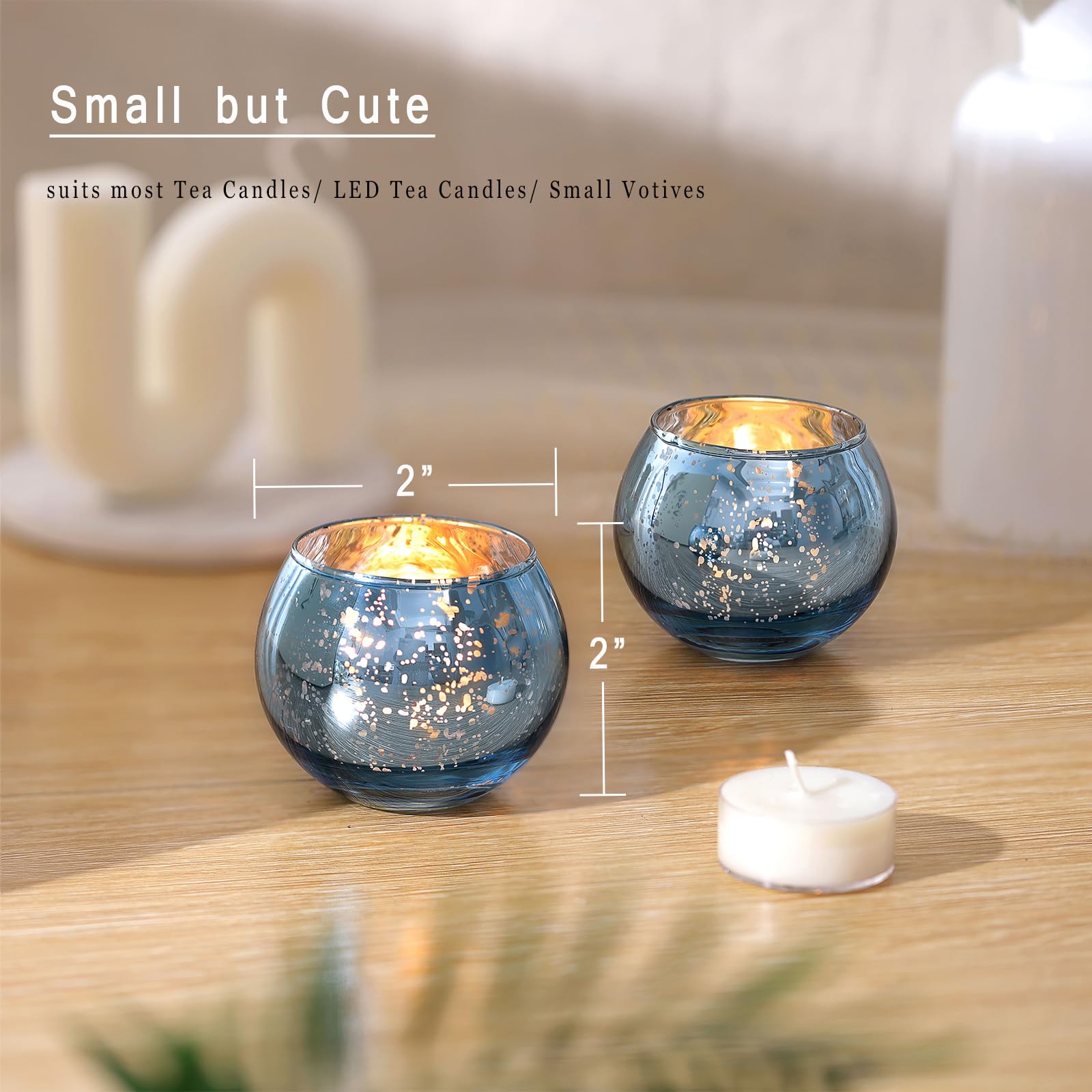 12 Pcs Blue Votive Candle Holders- Mercury Glass Votives Tealights Holders, Blue Candle Holders Blue Centerpieces For Blue Brida