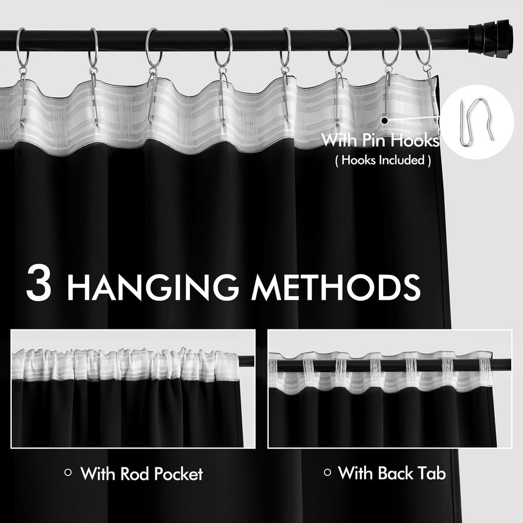 Miulee Back Tab Blackout Curtains 94 Inch Long 2 Panels Set For Living Room Bedroom, Black Rod Pocket/Pinch Pleated Thermal Insulated Room Darkening Light Blocking Floor To Ceiling Curtains/Drapes